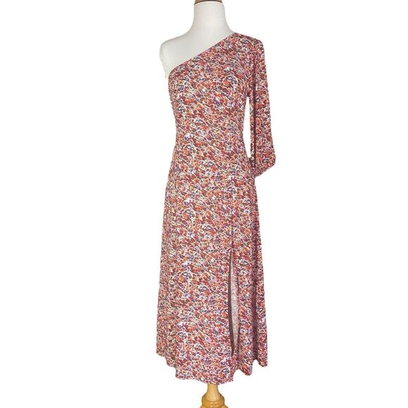 American Eagle One Shoulder Multicolor Floral Dress Size S Fit Flare Front Slit - Picture 1 of 7